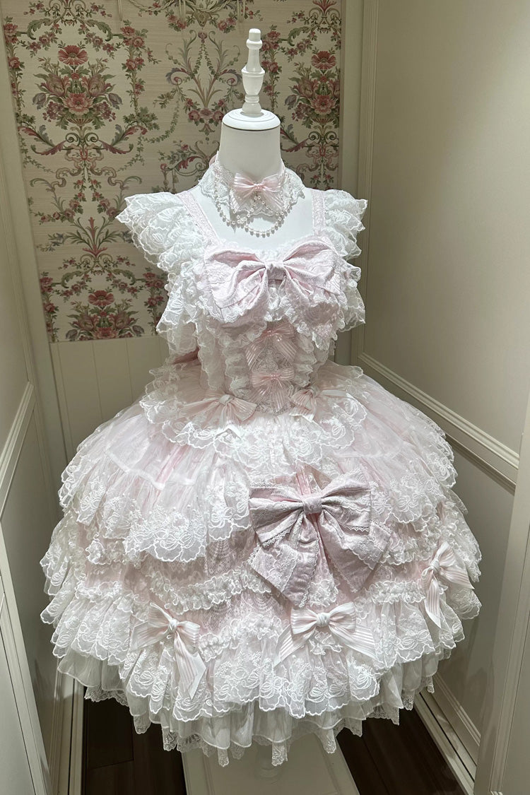 Pink [Sakura Dream Romance] Sleeveless Multi-Layered Ruffled Hanayome Bow Lace Sweet Princess Lolita Jsk Dress - Product - 3