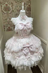 Pink [Sakura Dream Romance] Sleeveless Multi-Layered Ruffled Hanayome Bow Lace Sweet Princess Lolita Jsk Dress - Product - 3