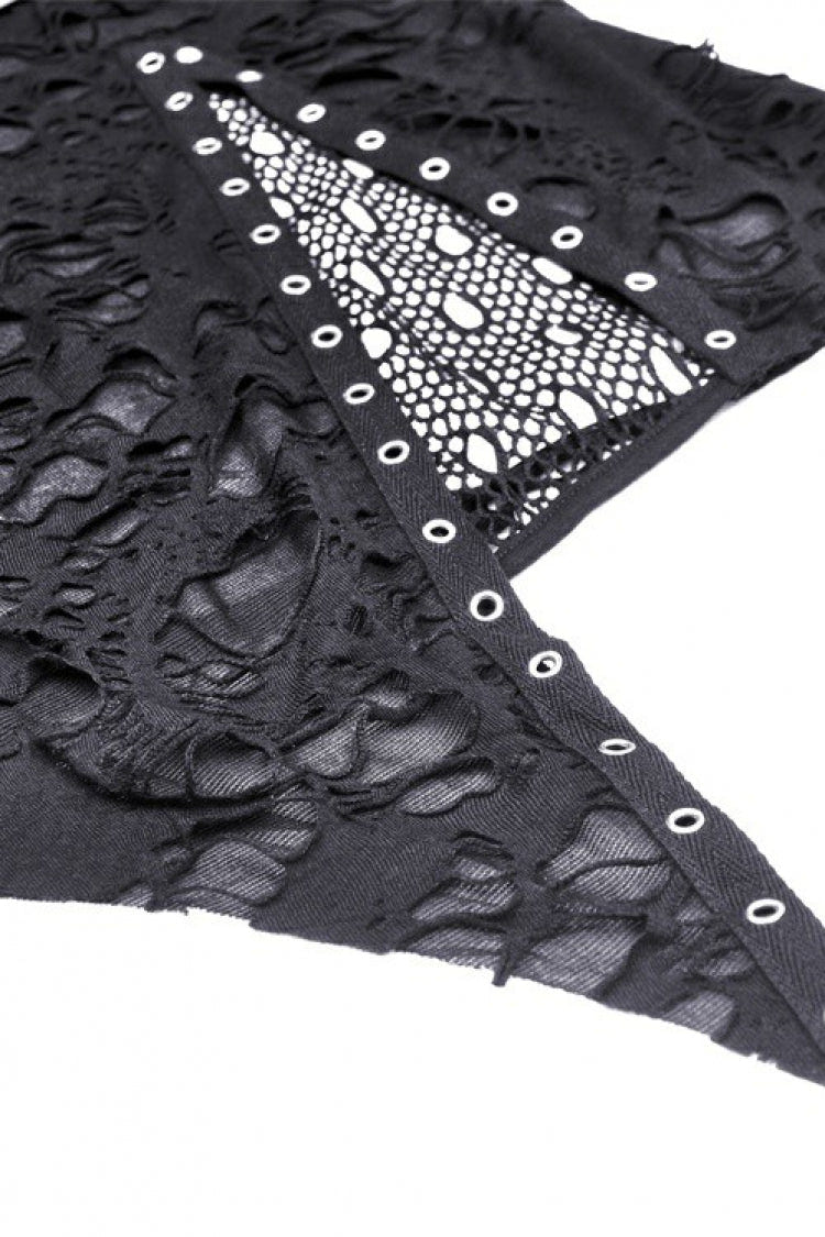 Black Women's Punk Long Sleeves Buckled Asymmetric Ripped Sheer Mesh Splice Top - Product - 15