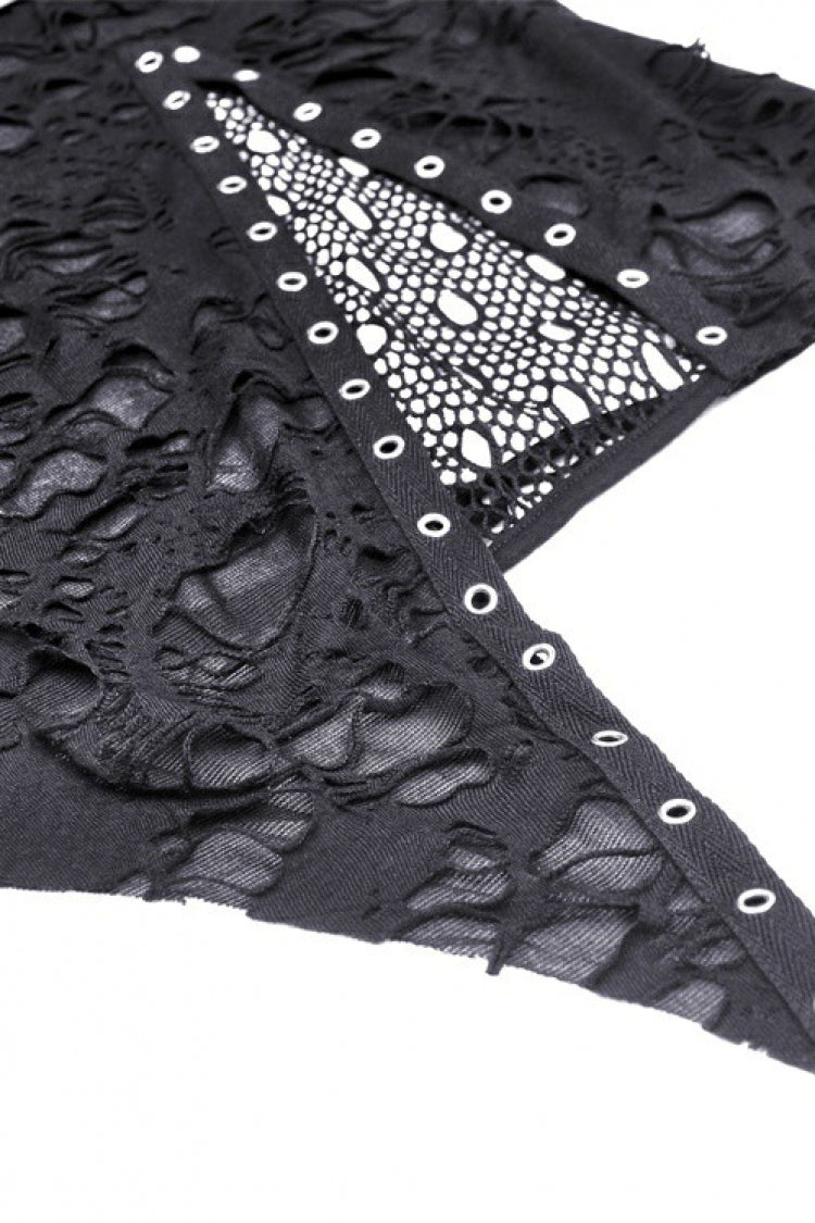 Black Women's Punk Long Sleeves Buckled Asymmetric Ripped Sheer Mesh Splice Top - Product - 15