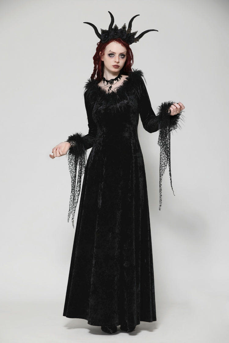 Black Long Sleeves Velvet Lace Women's Gothic Maxi Dress Wedding Dress - Black - 1