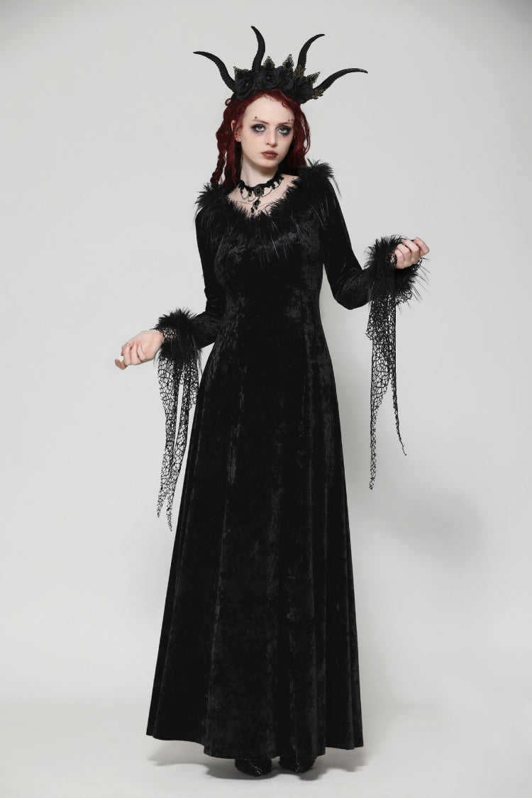 Black Long Sleeves Velvet Lace Women's Gothic Maxi Dress Wedding Dress - Product - 2