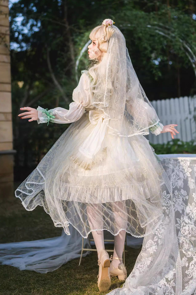 Green [Spring of Boliya] Long Sleeves Multi-Layered Ruffle Bowknot Lace Lace-Up Sweet Princess Lolita Dress - Product - 3