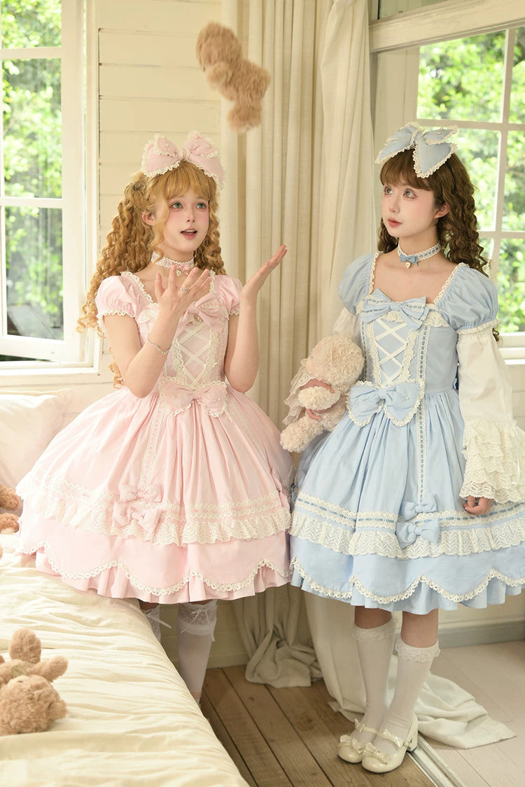 Pink [Petal Bunny] Cotton Square Collar Short Sleeves Double-Layered Ruffled Bow Lace Lace-Up Sweet Lolita Dress - Product - 14