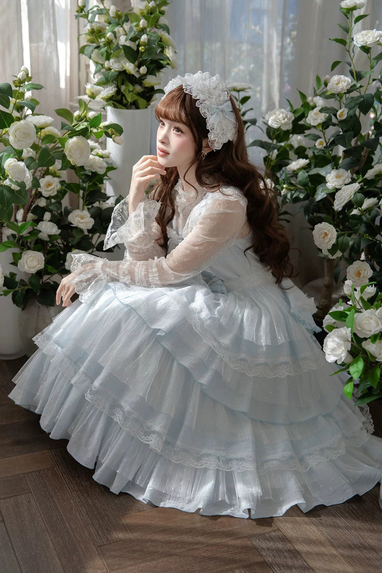 Blue [Aegean] Square Collar Flutter Sleeves Multi-Layered Ruffled Bow Sweet Lolita Jsk Dress Set - Product - 5