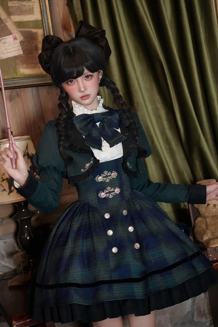 Blue/Green [Berlin's letter] Double-Layered Plaid Print Ruffle Bowknot Classic College Style Lolita Strap Dress Set 2 Versions - Product - 15