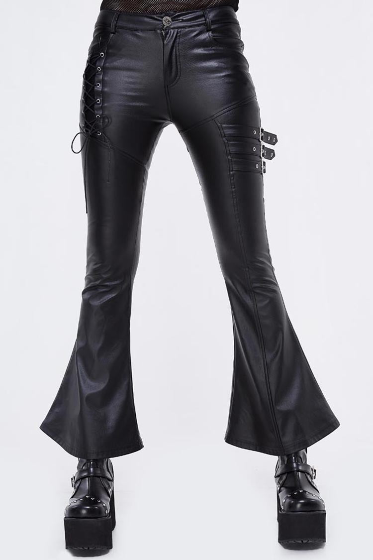 Black Hasp Leather Side Lace-Up Leather Tight Flared Women's Punk Pants - Product - 5