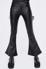 Black Hasp Leather Side Lace-Up Leather Tight Flared Women's Punk Pants - Product - 5