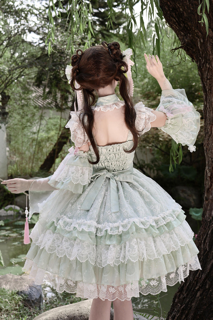 Green [Spring Waters Reflecting Pear Blossoms] Ruffled Embroidered Open-Front Bow Lace Sweet Lolita Jsk Dress - Product - 5