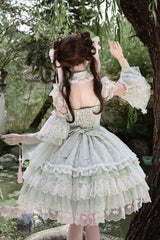 Green [Spring Waters Reflecting Pear Blossoms] Ruffled Embroidered Open-Front Bow Lace Sweet Lolita Jsk Dress - Product - 5
