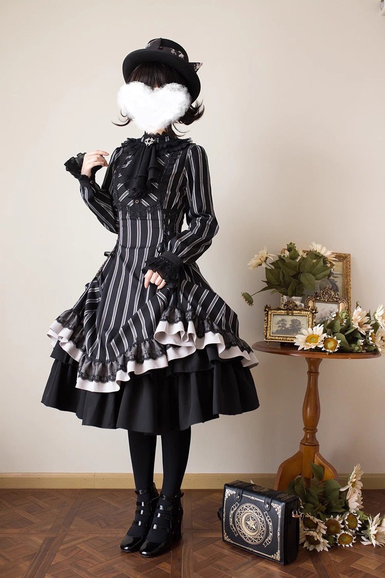 Black Stand Collar Long Sleeves Multi-layer Striped Print Ruffle Gothic Lolita Dress - Product - 8