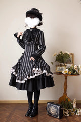 Black Stand Collar Long Sleeves Multi-layer Striped Print Ruffle Gothic Lolita Dress - Product - 8