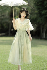 Green/Apricot [Green Grapes] High Waisted Printed Women's Daily Sweet Hanfu Dress Set - Product - 3