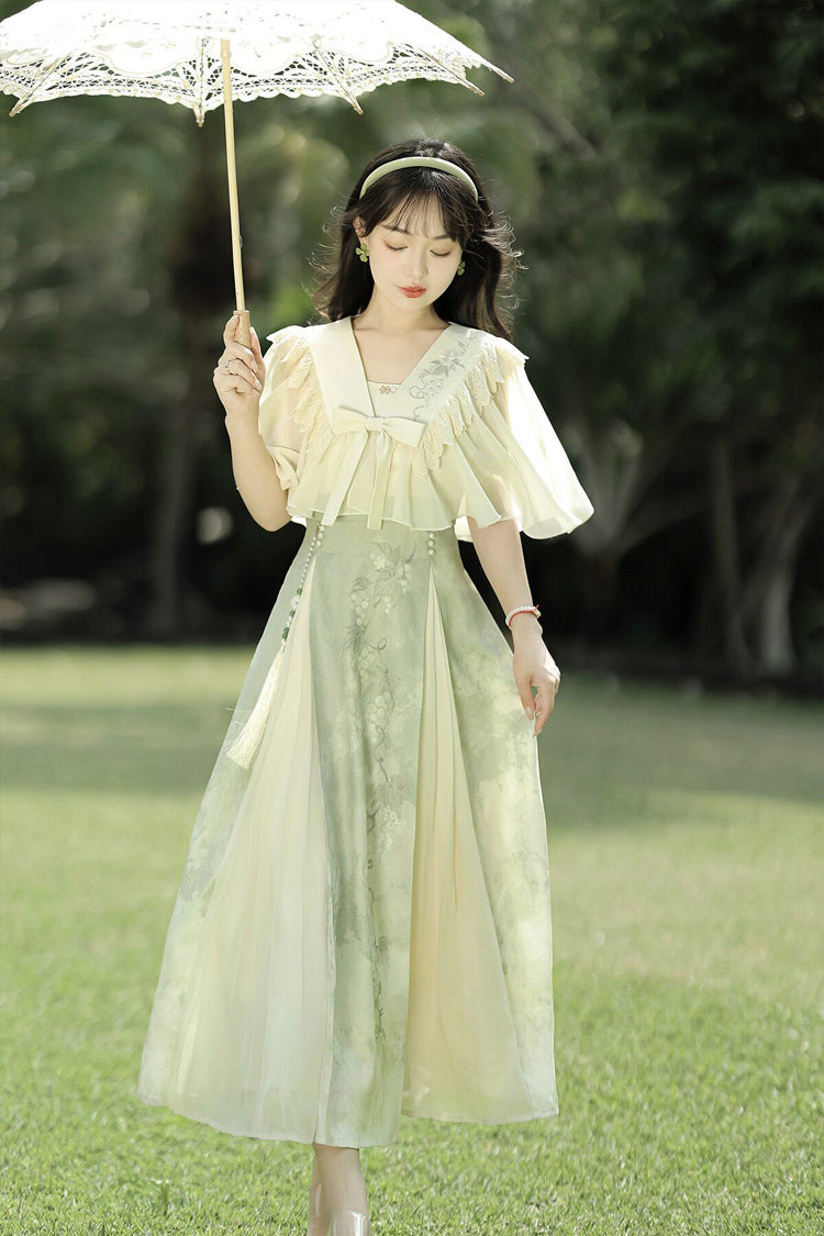 Green/Apricot [Green Grapes] High Waisted Printed Women's Daily Sweet Hanfu Dress Set - Product - 3