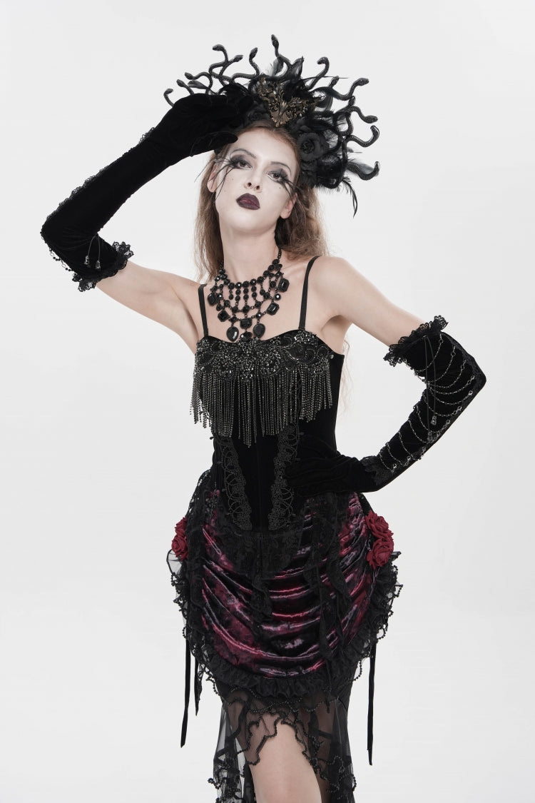 Black Lace-Up Women's Gothic Embroidered Tassels  Overbust Corset - Product - 10