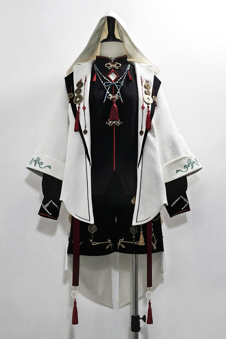 Black/White [Mountain Spirit] Long Sleeves Embroidered Hooded Classic Chinese Inspired Ouji Lolita Shorts Set - Product - 3