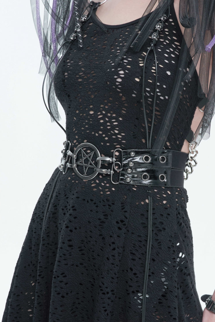 Black Studded Eyelet Women's Gothic Accessory Star Double-layer Faux Leather Belt - Product - 8