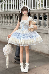 Blue [Dreaming Butterfly] Multi-Layered Jacquard Ruffle Bowknot Lace Sweet Princess Lolita Jsk Dress - Product - 4