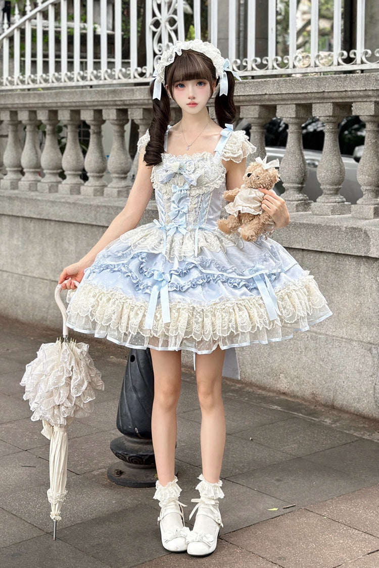 Blue [Dreaming Butterfly] Multi-Layered Jacquard Ruffle Bowknot Lace Sweet Princess Lolita Jsk Dress - Product - 4