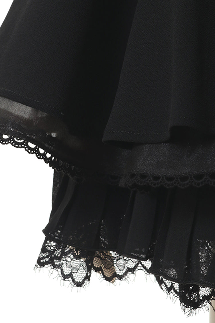 Black Off Shoulder Long Sleeves Floral Print Ruffle Bowknot Lace-Up Gothic Jirai Kei Japanese Skirt Set - Product - 4