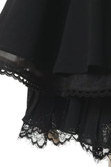 Black Off Shoulder Long Sleeves Floral Print Ruffle Bowknot Lace-Up Gothic Jirai Kei Japanese Skirt Set - Product - 4