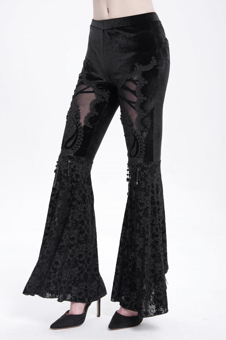 Black Hollow Floral Embroidery Women's Gothic Flared Pants - Product - 11