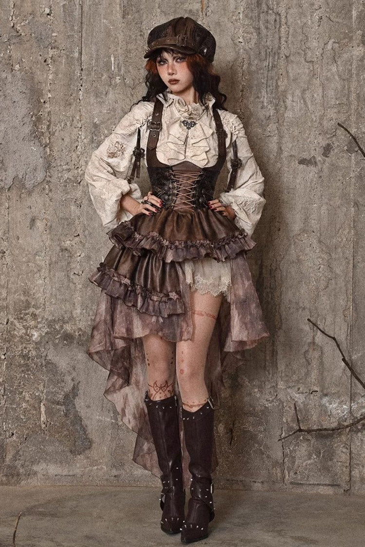 Brown Chest Straps Ruffle Irregular Detachable Tail Punk Lolita Dress - Product - 2