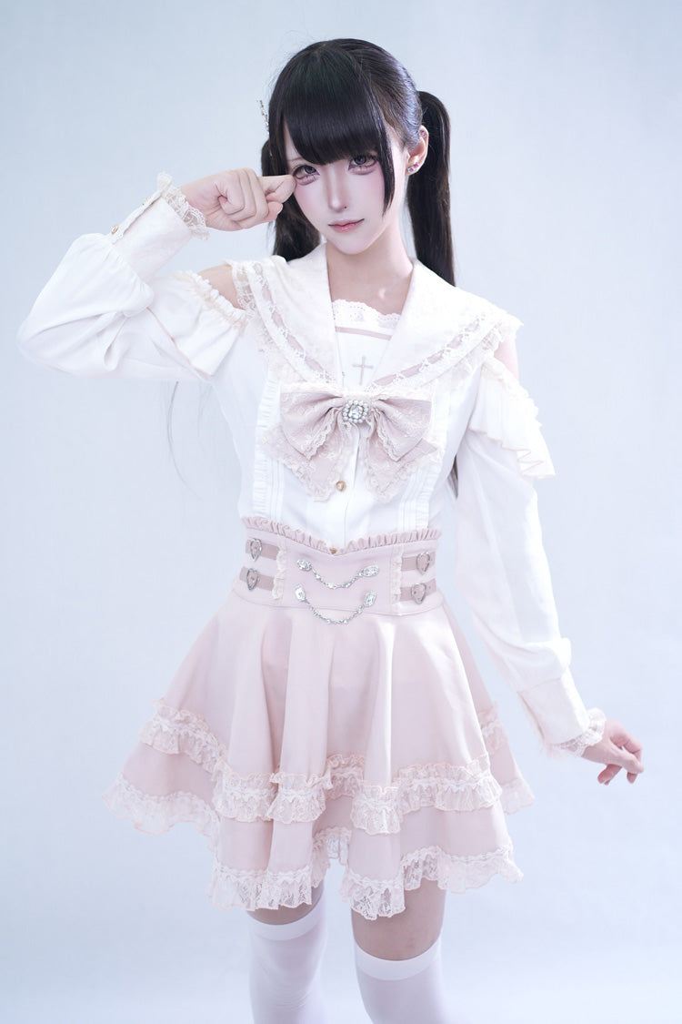 ピンク [Apprentice Witch] オフショルダー ネイビー 襟 半袖 フリル リボン レース パール Detail クラシカル 地雷系 和風 スカートセット 商品画像