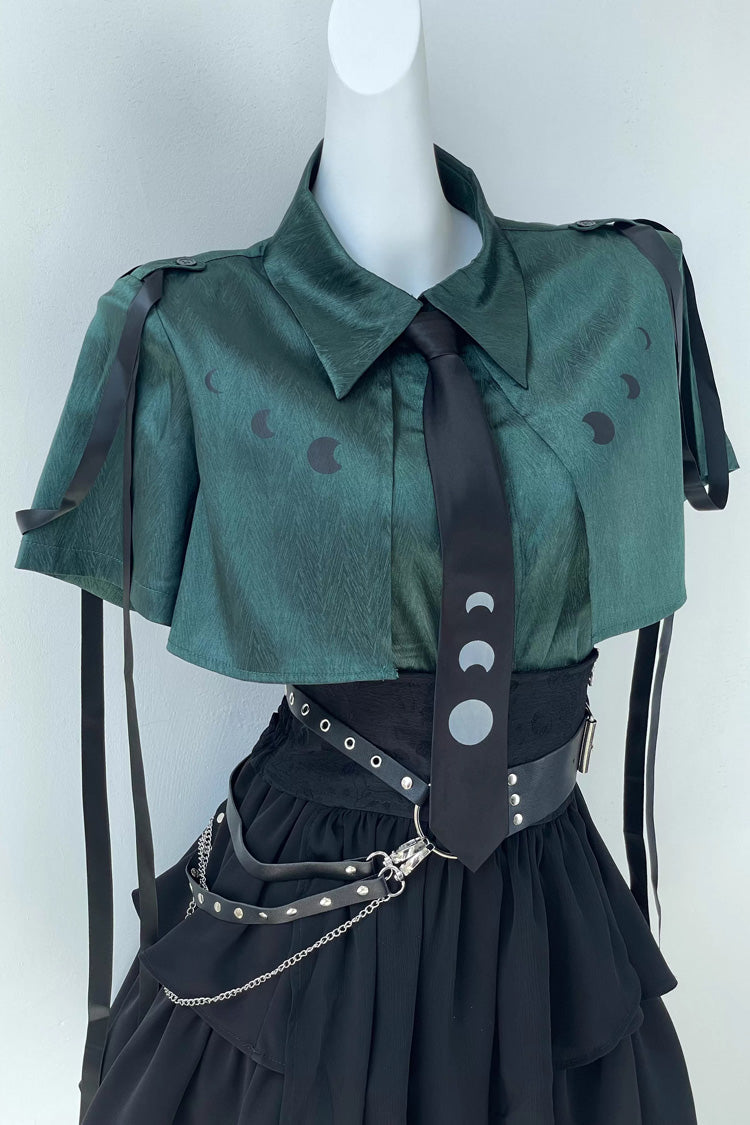 Green/Black [Moonlight Flowing] Long/Short Sleeves Ruffled Asymmetric Gothic Jirai Kei Skirt Set - Short-Sleeved Blouse - 10