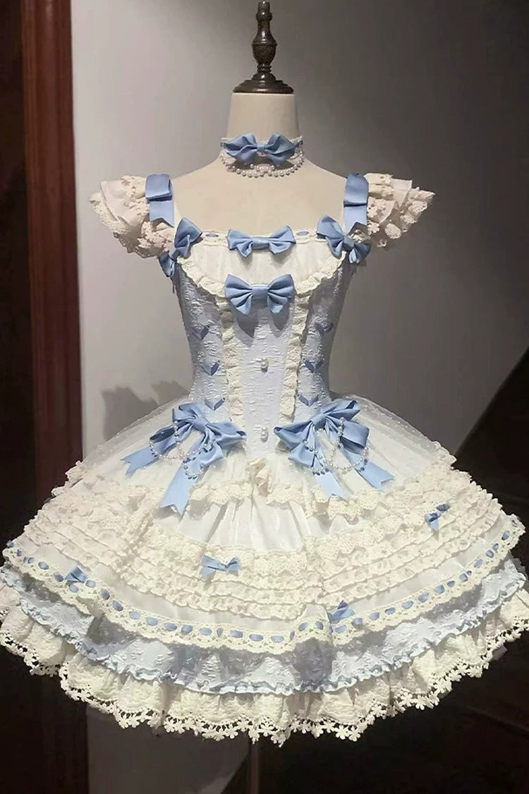 [Wind Chime Poem] Square Collar Flutter Sleeves Triple-Layered Printed Ruffled Bow Sweet Lolita Jsk Dress 4 Colors (Blue, Pink, Purple, Green) - Product - 27