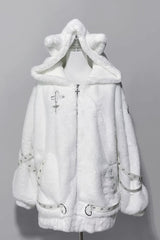 [Night Hunter] Cat Ear Long Sleeves Hooded Zippered Jirai Kei Coat 2 Colors - White - 2