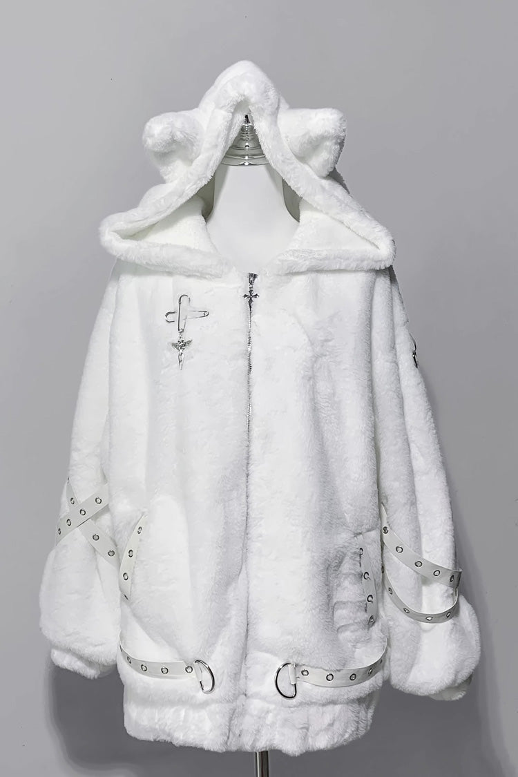 [Night Hunter] Cat Ear Long Sleeves Hooded Zippered Jirai Kei Coat 2 Colors - White - 2
