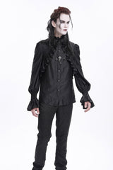 Black Stand Collar Long Sleeves Ruffle Lace Cross Men's Gothic Blouse - Product - 7