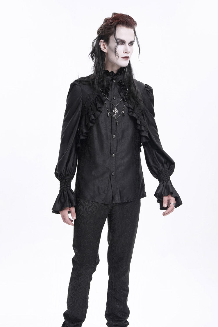 Black Stand Collar Long Sleeves Ruffle Lace Cross Men's Gothic Blouse - Product - 7