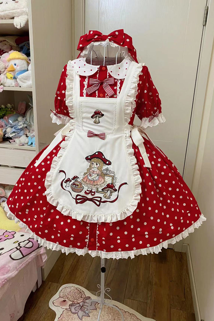 Red/White Doll Collar Short Sleeves Mushroom Princess Print Polka Dots Ruffle Sweet Lolita Dress - Product - 6