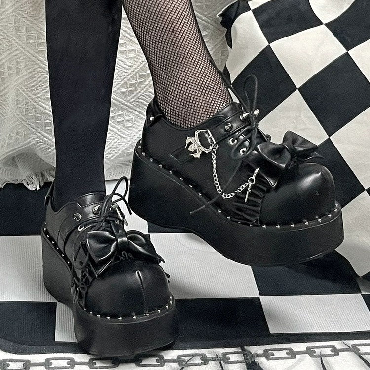 Spider Single-Strap Buckle Bow Round-Toe Punk Gothic Platform Shoes - Product - 8