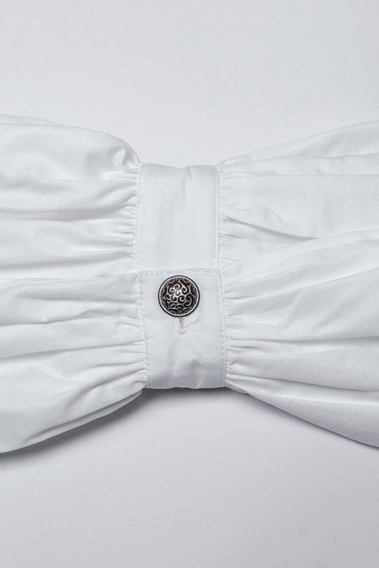 White Stand Collar Long Puff Sleeves Crochet Men's Gothic Blouse - Product - 8