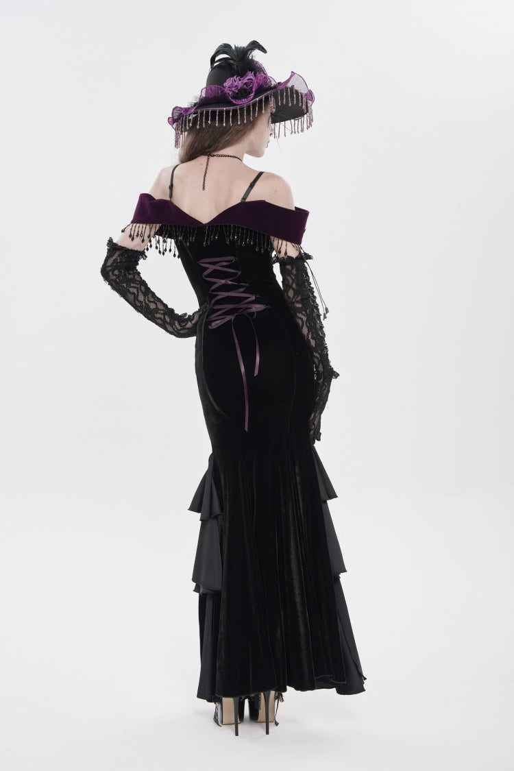 Black/Purple Off Shoulder Sleeveless Embroidered Lace Slim Women's Gothic Gorgeous Strapless Dress - Product - 5