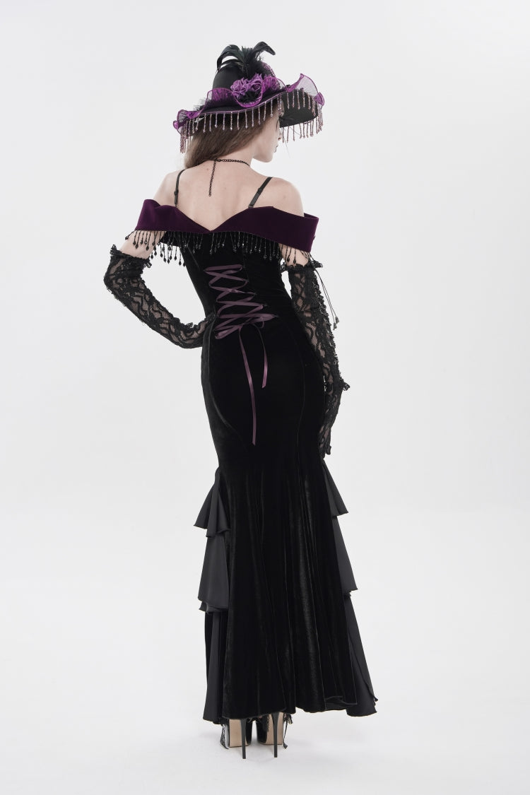 Black/Purple Off Shoulder Sleeveless Embroidered Lace Slim Women's Gothic Gorgeous Strapless Dress - Product - 5