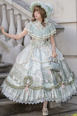 Spring Green [Cloudborne Prelude] Edwardian Collar Jacquard Printed Ruffled Bow Lace Fishbone Sweet Classic Lolita Dress - Green - 1