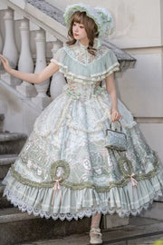 Spring Green [Cloudborne Prelude] Edwardian Collar Jacquard Printed Ruffled Bow Lace Fishbone Sweet Classic Lolita Dress - Green - 1