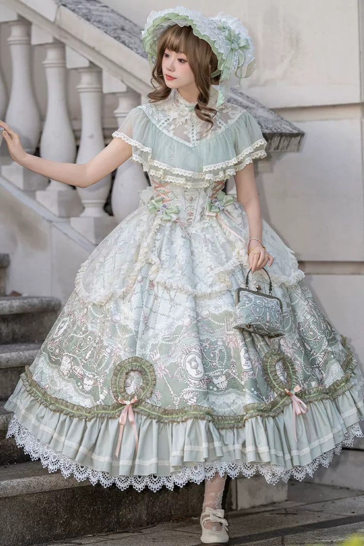 Spring Green [Cloudborne Prelude] Edwardian Collar Jacquard Printed Ruffled Bow Lace Fishbone Sweet Classic Lolita Dress - Green - 1