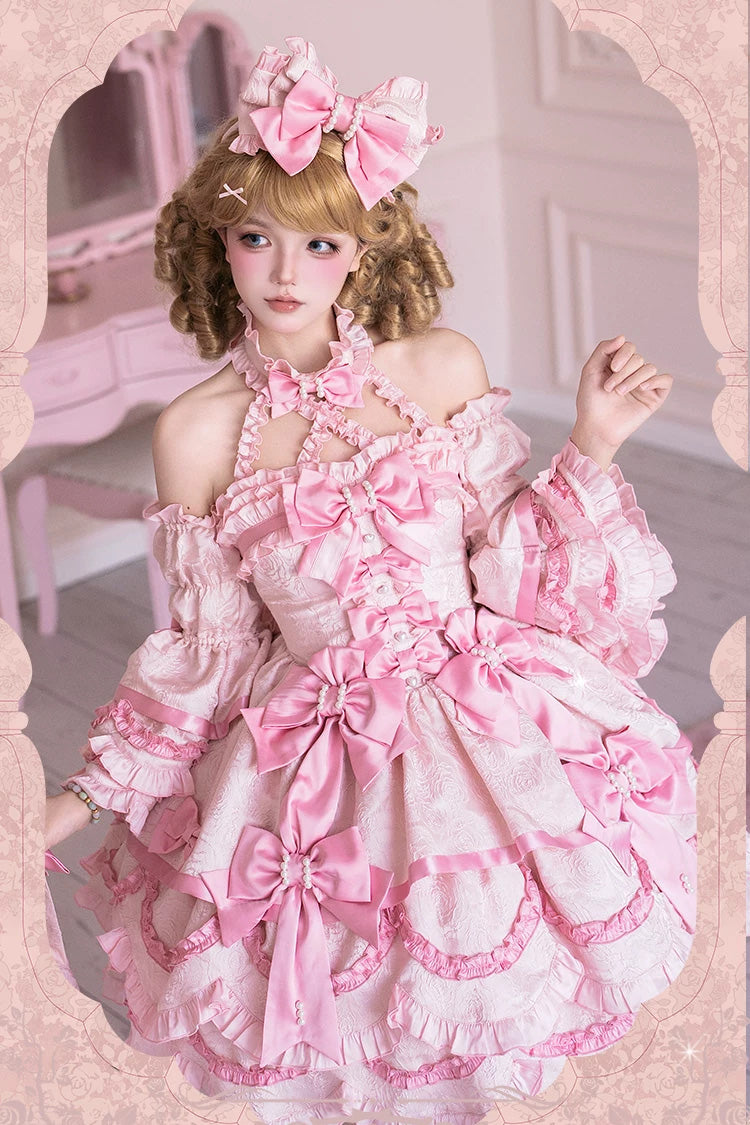 Pink [Sweetheart Petals] Halterneck Sleeveless Multi-Layered Jacquard Ruffled Bow Pearl Detail Sweet Lolita Jsk Dress - Product - 3