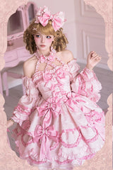 Pink [Sweetheart Petals] Halterneck Sleeveless Multi-Layered Jacquard Ruffled Bow Pearl Detail Sweet Lolita Jsk Dress - Product - 3