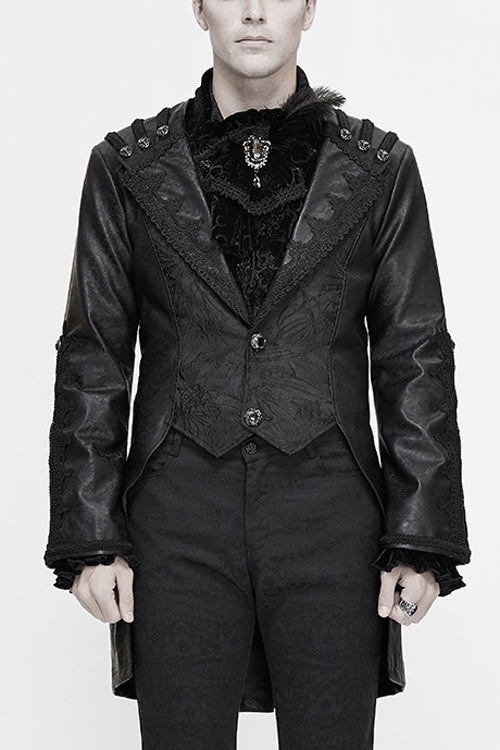 Black V Collar Wide Sleeves Swallowtail Fitted Leather Mens Gothic Coat - Black - 1