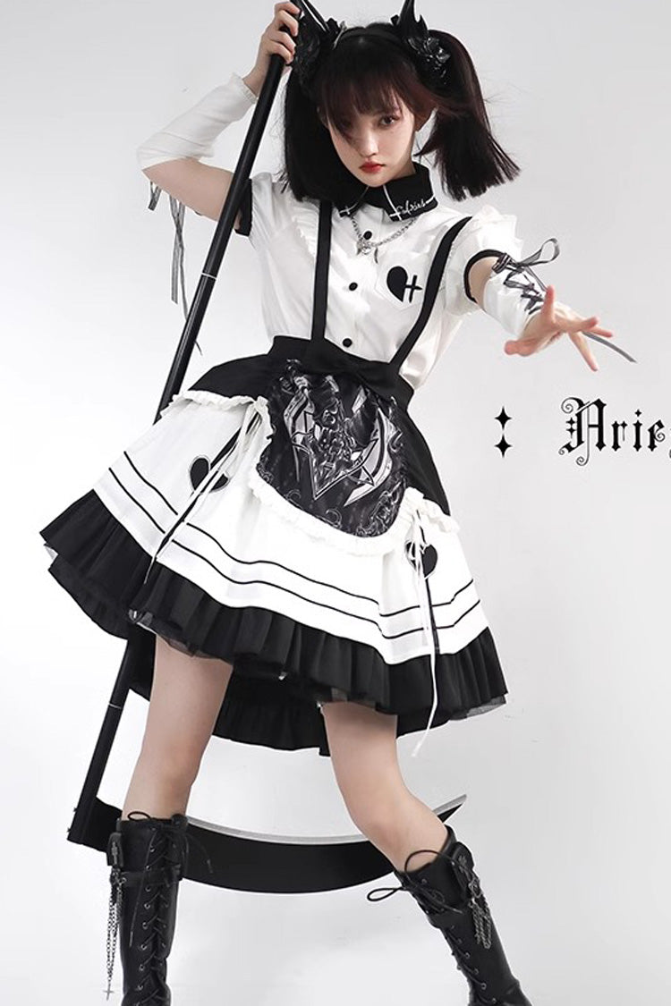 White/Black Ruffle British Style Maid Gothic Lolita Strap Dress - White/Black - 1