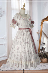 Beige Round Collar Short Sleeves Flower Print High Waist Sweet Lolita OP Dress - Product - 7