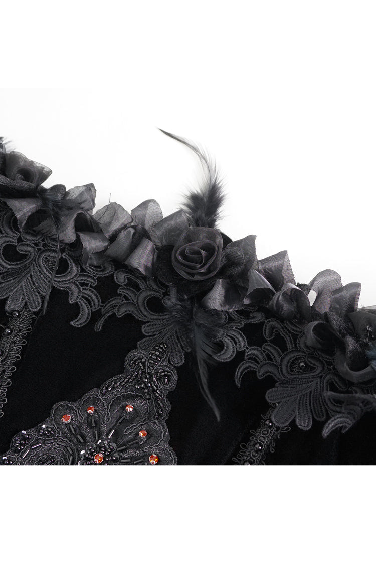 Black Off Shoulder High Waisted Print Lace Women's Gothic Dress - Product - 10