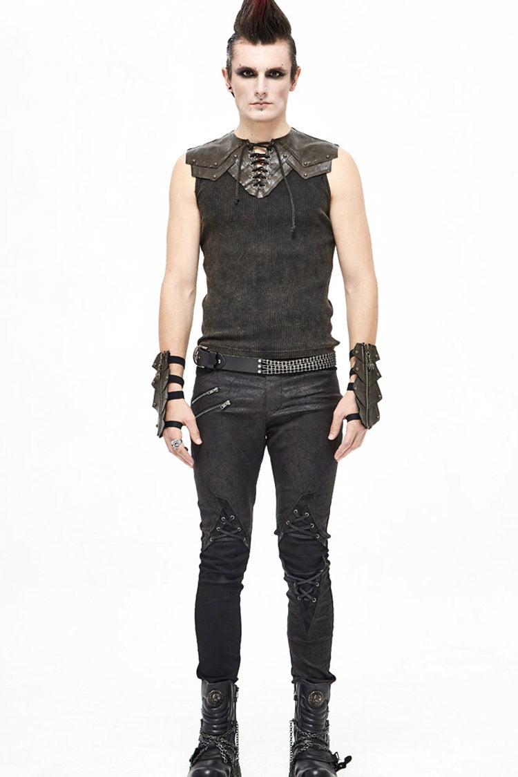 Brown Lace Up Striped Shoulder Armor Shape Chest Knitting Men's Punk Vest - Product - 4