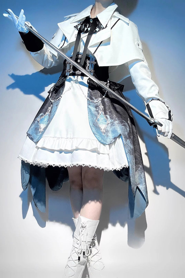 White/Blue Gradient Print Ruffle Cardigan Pearl Sweet College British Knight Style Handsome Lolita Dress Set - Product - 7